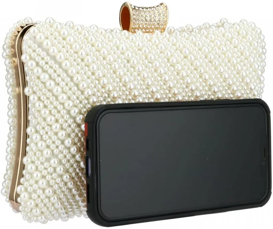 Tmore Women Pearl Clutch Purse Beaded Bride Evening Handbag for Wedding Prom with Chain