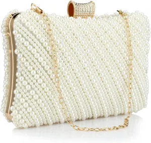 Tmore Women Pearl Clutch Purse Beaded Bride Evening Handbag for Wedding Prom with Chain