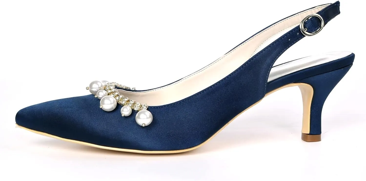 TNXZ Women's Closed Toe Kitten Heels Satin Pointed Toe Slingback Low Heels Dress Bridal Wedding Pumps Shoes