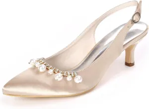 TNXZ Women's Closed Toe Kitten Heels Satin Pointed Toe Slingback Low Heels Dress Bridal Wedding Pumps Shoes