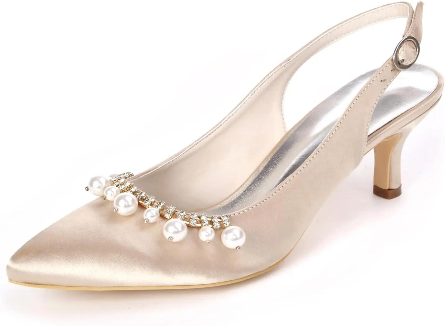 TNXZ Women's Closed Toe Kitten Heels Satin Pointed Toe Slingback Low Heels Dress Bridal Wedding Pumps Shoes
