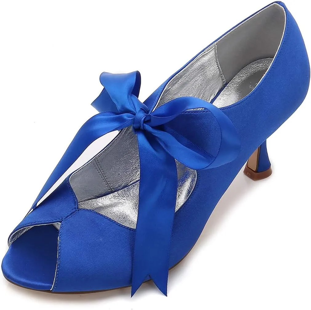 TNXZ Women's Peep Toe Satin Shoes High Heels Bridal Bridesmaid Ribbon Laces Bowknot Design Evening Party Pumps