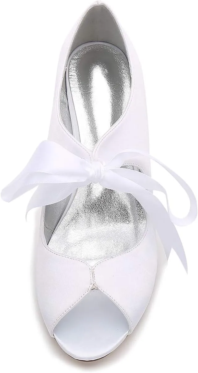 TNXZ Women's Peep Toe Satin Shoes High Heels Bridal Bridesmaid Ribbon Laces Bowknot Design Evening Party Pumps