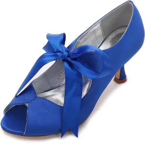 TNXZ Women's Peep Toe Satin Shoes High Heels Bridal Bridesmaid Ribbon Laces Bowknot Design Evening Party Pumps