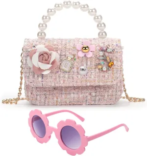 Toddler Purse for Girls - Kids Crossbody Bag with Flower Sunglasses - Pink Purse for Girls Aged 2-14 - Toddler Handbags for Tea Parties