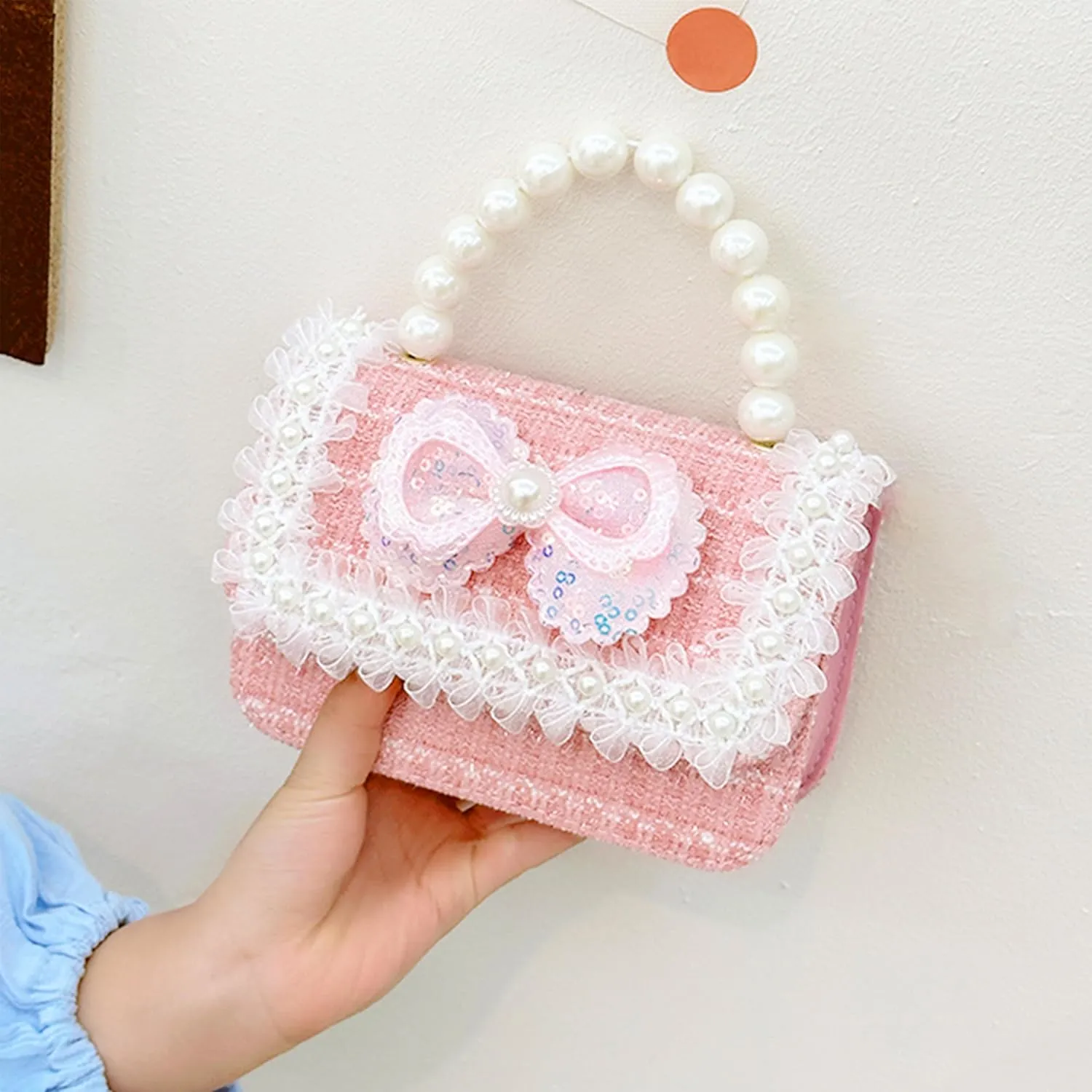 Toddler Purse for Girls, Kids Purse with Pearl Bow, Little Girl Purse with Sunglasses, Gift for 3-12 Year Old Birthday Gift, Princess Handbags, Crossbody Bag for Girl