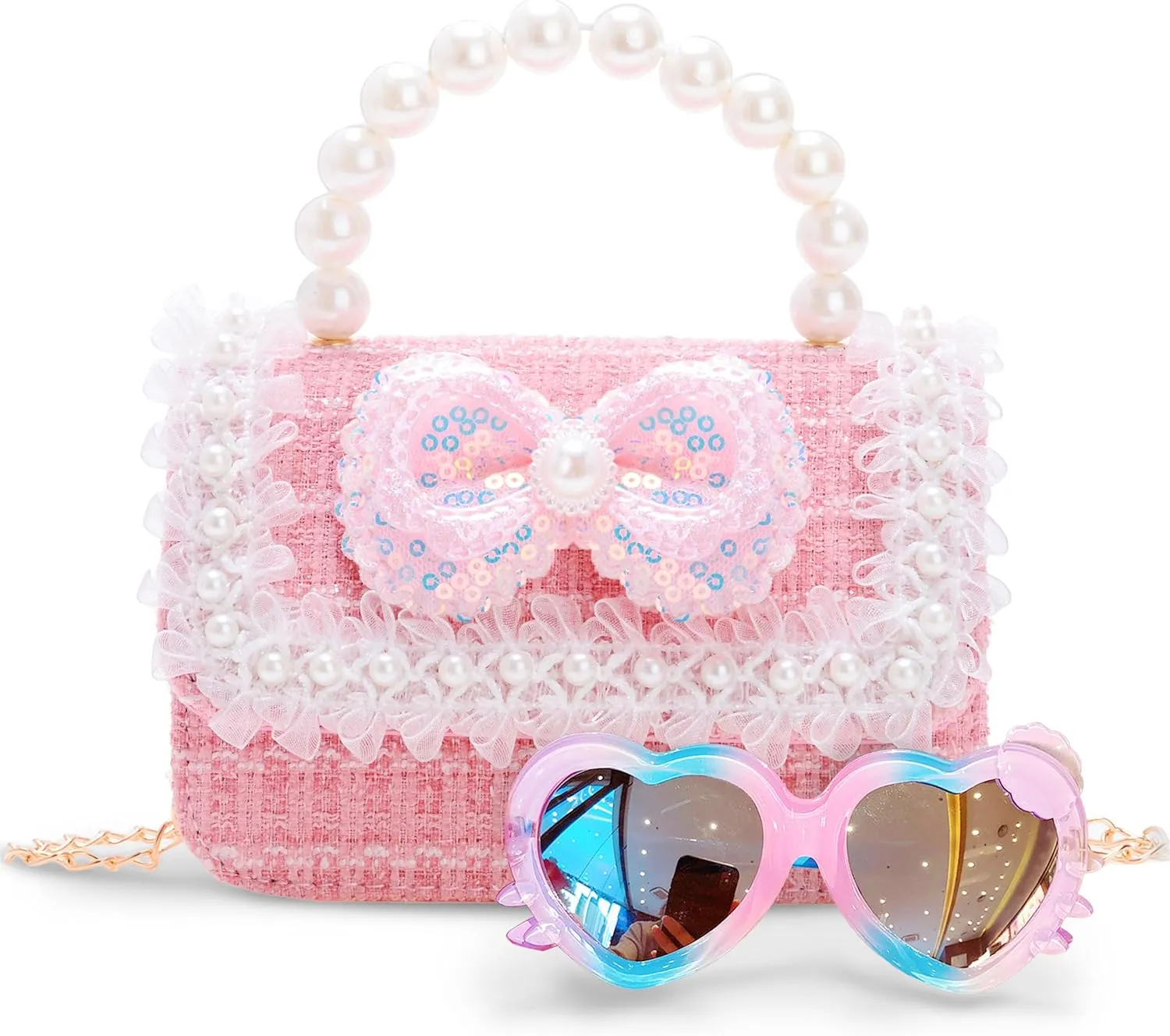 Toddler Purse for Girls, Kids Purse with Pearl Bow, Little Girl Purse with Sunglasses, Gift for 3-12 Year Old Birthday Gift, Princess Handbags, Crossbody Bag for Girl