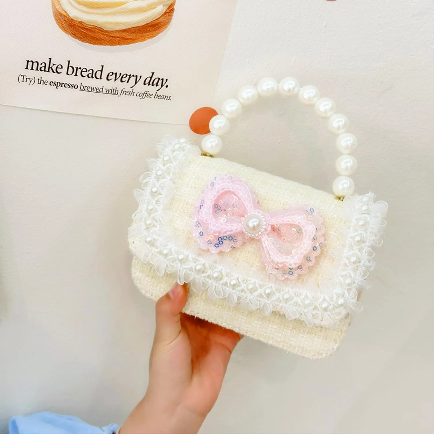 Toddler Purse for Girls, Kids Purse with Pearl Bow, Little Girl Purse with Sunglasses, Gift for 3-12 Year Old Birthday Gift, Princess Handbags, Crossbody Bag for Girl