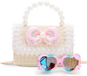 Toddler Purse for Girls, Kids Purse with Pearl Bow, Little Girl Purse with Sunglasses, Gift for 3-12 Year Old Birthday Gift, Princess Handbags, Crossbody Bag for Girl