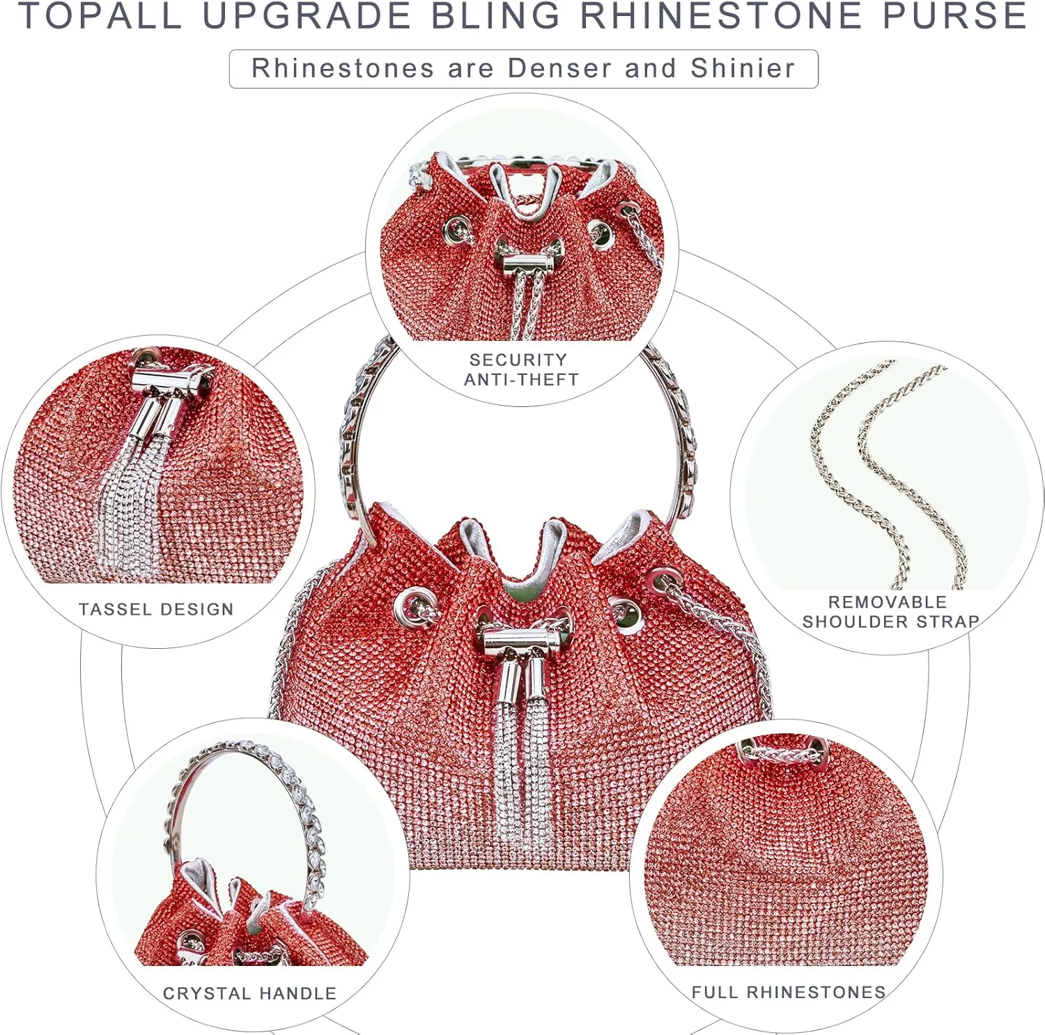TOPALL Upgrade Rhinestone Evening Bag Bling Purse Sparkly Diamond Silver Clutch Purses for Women Party Club Wedding Prom