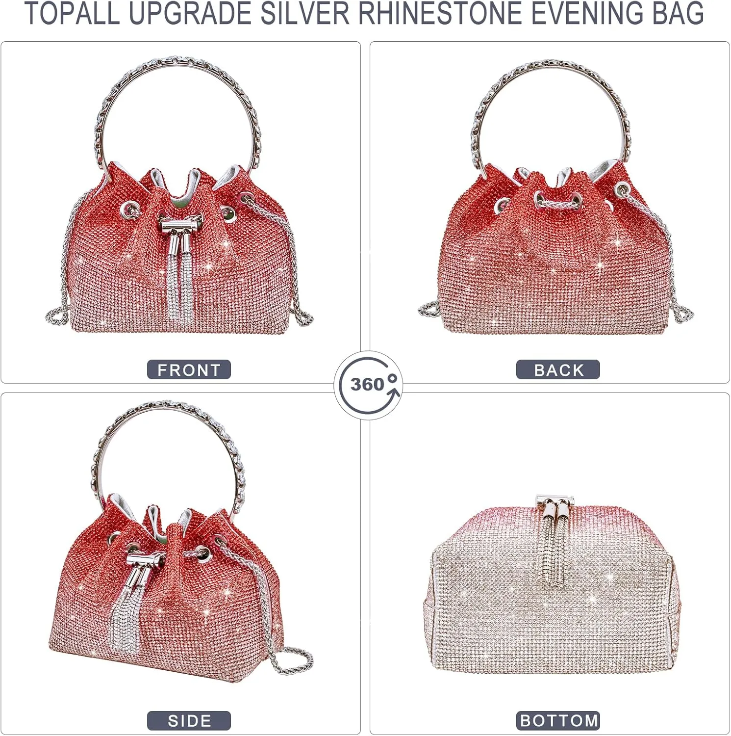 TOPALL Upgrade Rhinestone Evening Bag Bling Purse Sparkly Diamond Silver Clutch Purses for Women Party Club Wedding Prom