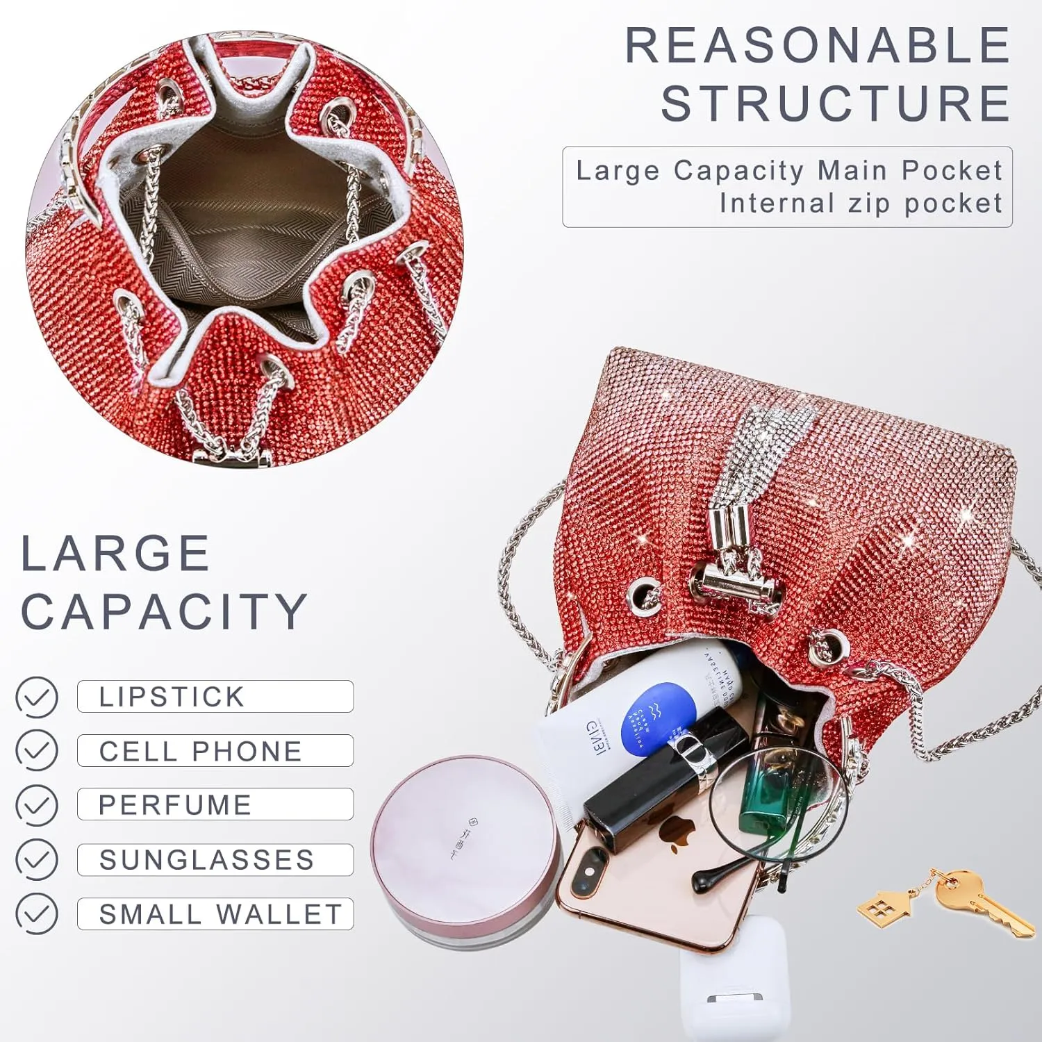 TOPALL Upgrade Rhinestone Evening Bag Bling Purse Sparkly Diamond Silver Clutch Purses for Women Party Club Wedding Prom