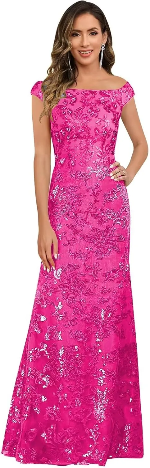 TORYEMY Sequin Mother of The Bride Dresses for Women Off The Shoulder Long Formal Evening Gown