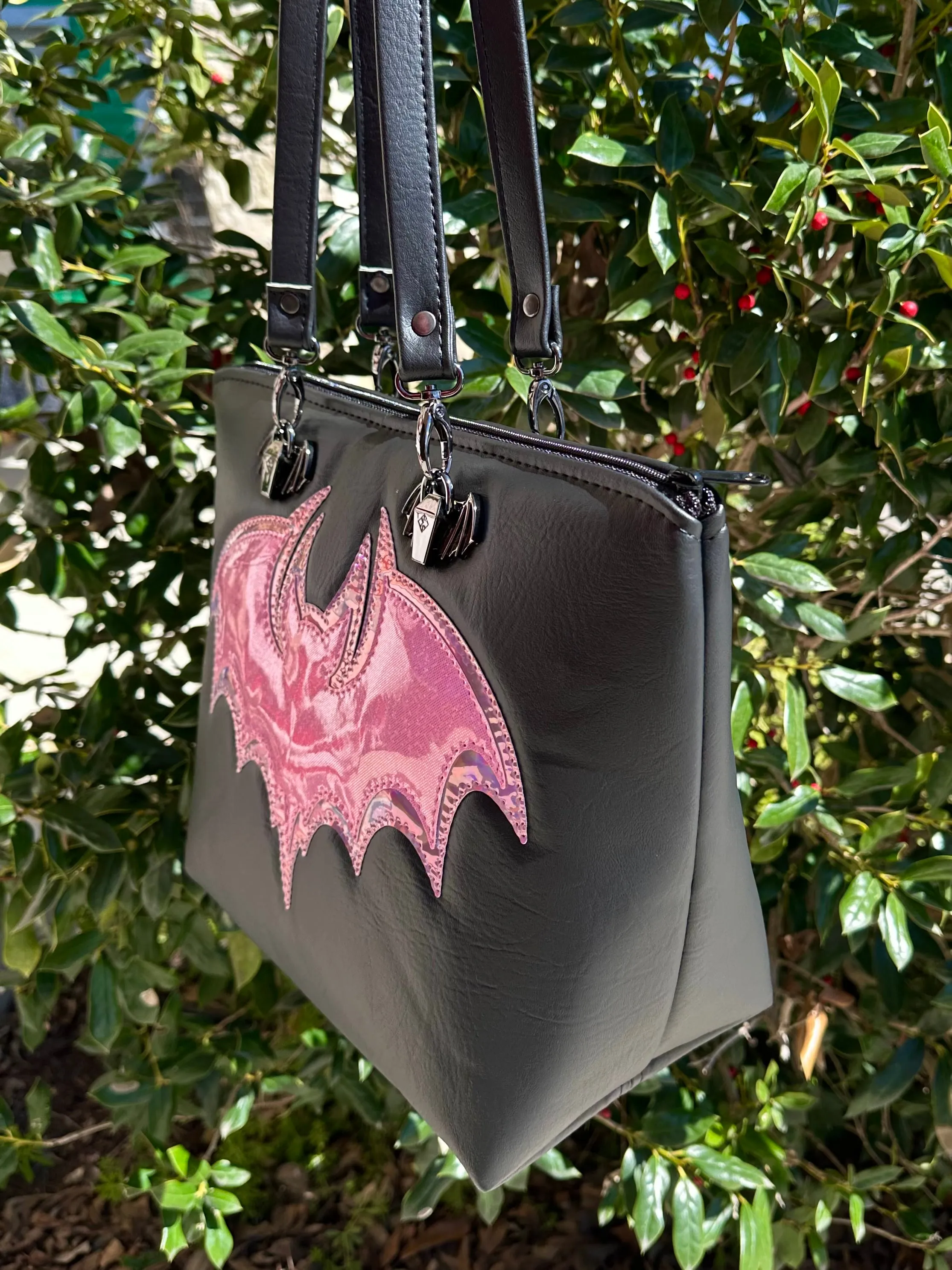 Tote - Double Bats - Heidi black, Pale Pink holo, Bubble Gum Pink Fine Glitter Holo