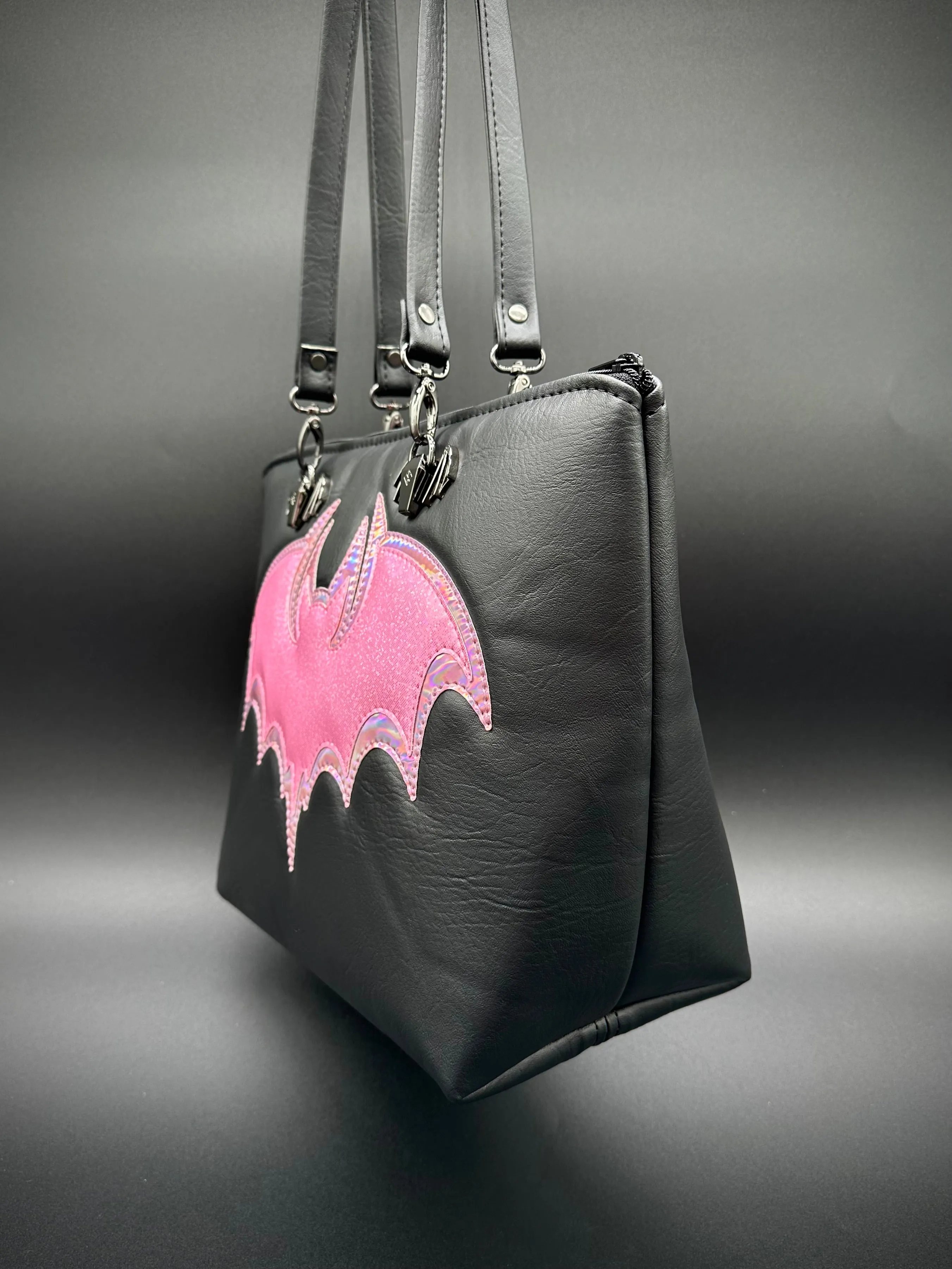 Tote - Double Bats - Heidi black, Pale Pink holo, Bubble Gum Pink Fine Glitter Holo