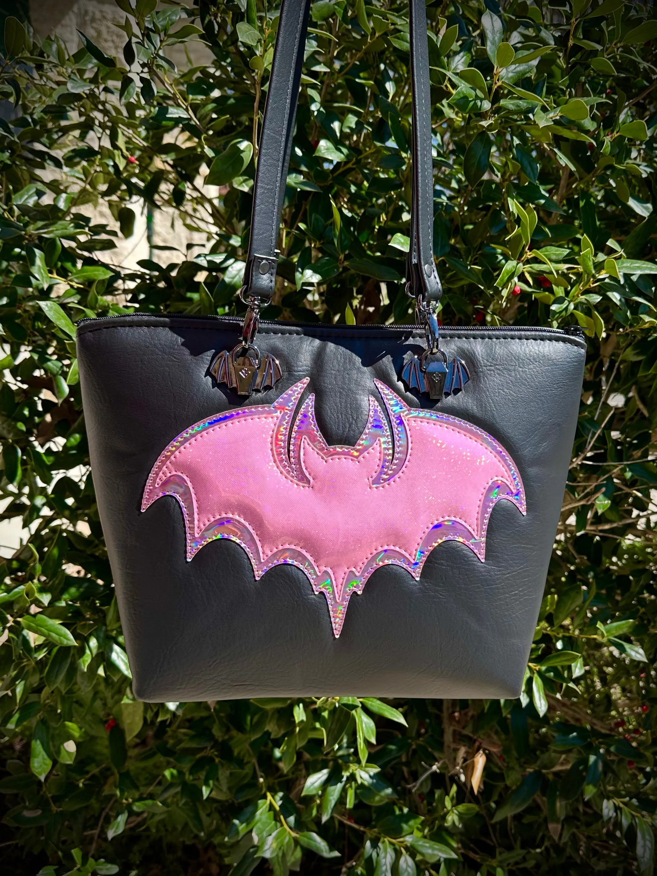 Tote - Double Bats - Heidi black, Pale Pink holo, Bubble Gum Pink Fine Glitter Holo
