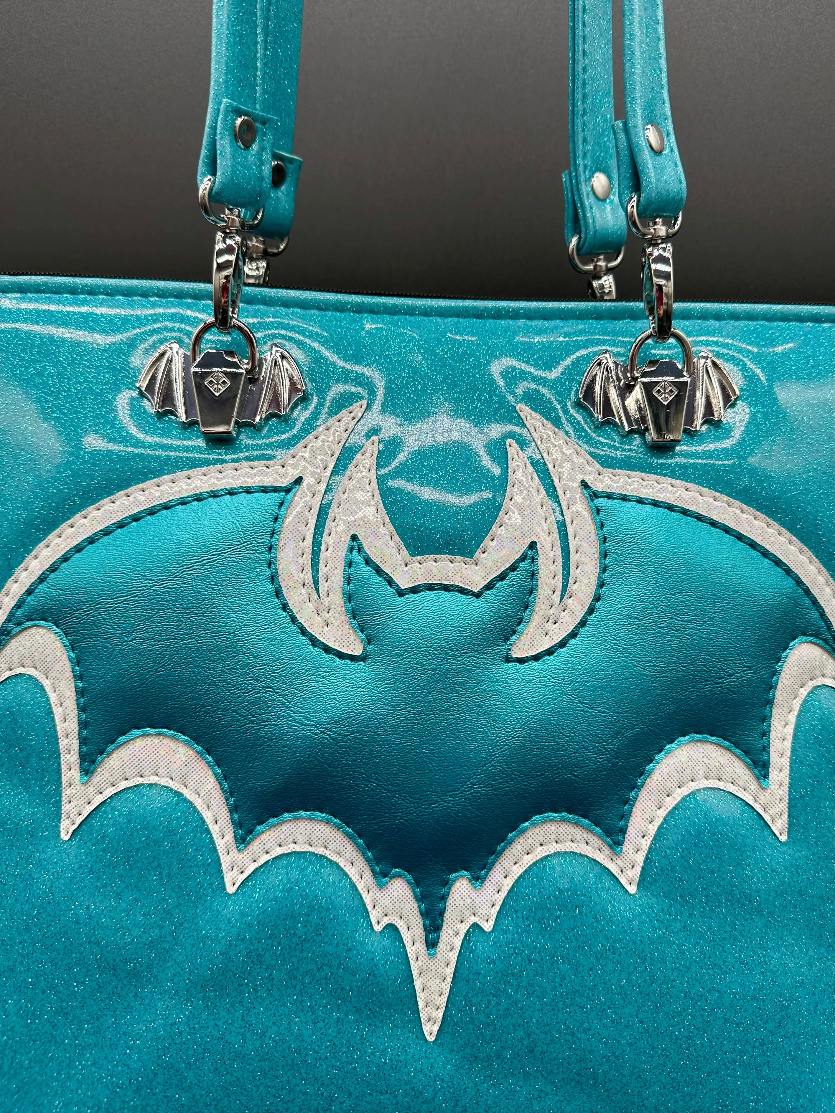 Tote - Double Bats - Sky Glitter Vinyl, Turquoise Pearl Vinyl, White Fine Glitter Holo Vinyl