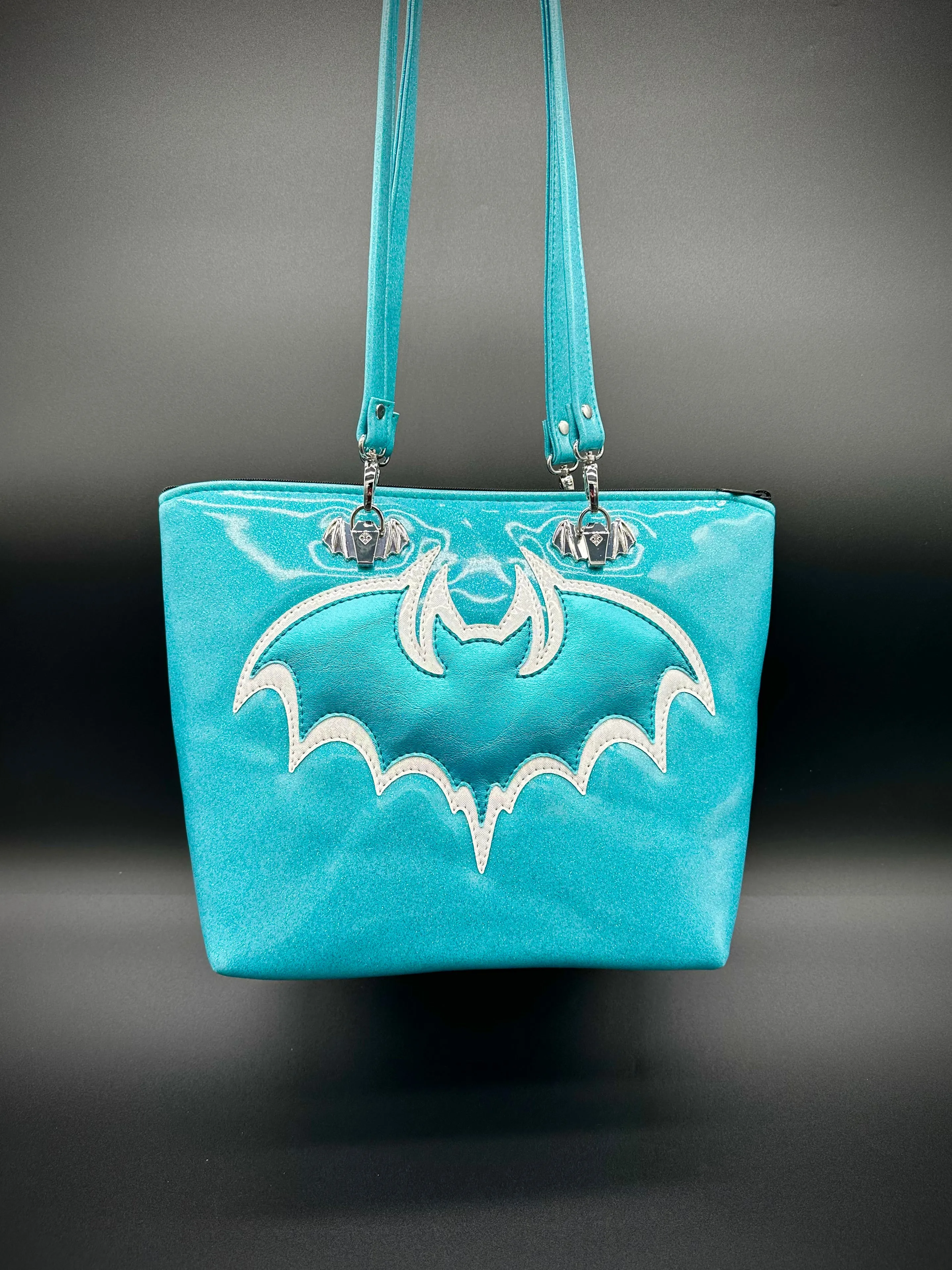 Tote - Double Bats - Sky Glitter Vinyl, Turquoise Pearl Vinyl, White Fine Glitter Holo Vinyl