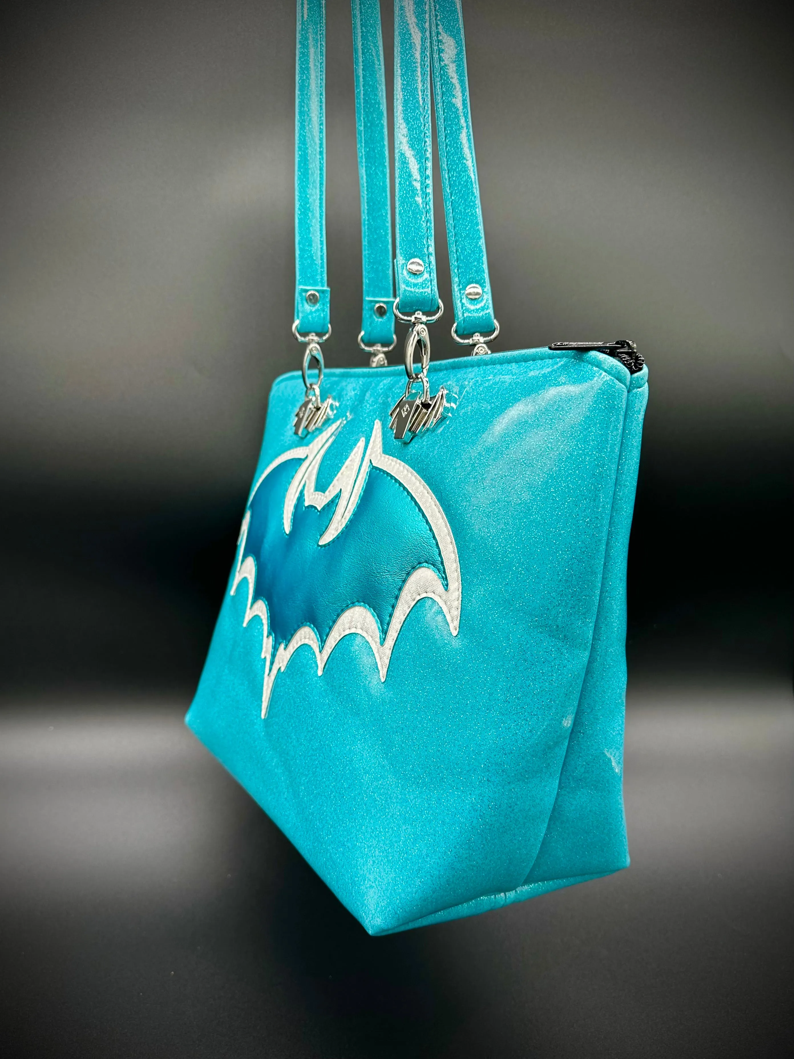 Tote - Double Bats - Sky Glitter Vinyl, Turquoise Pearl Vinyl, White Fine Glitter Holo Vinyl
