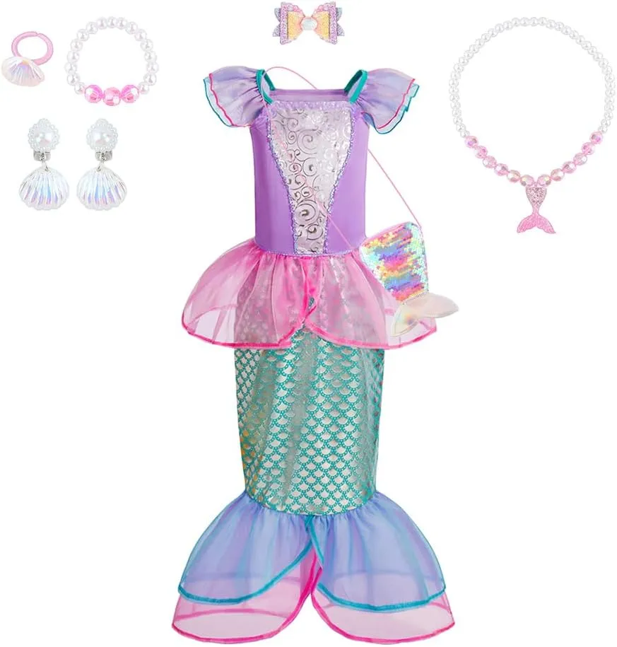 TPMG Little Mermaid Princess Dress up Clothes for Girls 3T-10Y Kids Toddler Birthday Outfits with Tails Bag Necklace Set
