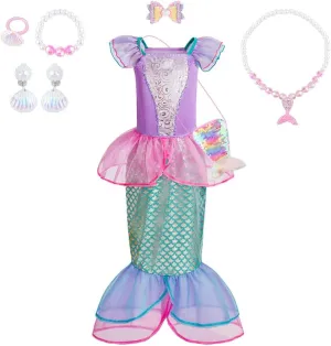 TPMG Little Mermaid Princess Dress up Clothes for Girls 3T-10Y Kids Toddler Birthday Outfits with Tails Bag Necklace Set
