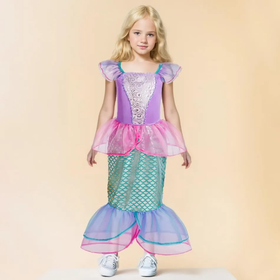 TPMG Little Mermaid Princess Dress up Clothes for Girls 3T-10Y Kids Toddler Birthday Outfits with Tails Bag Necklace Set