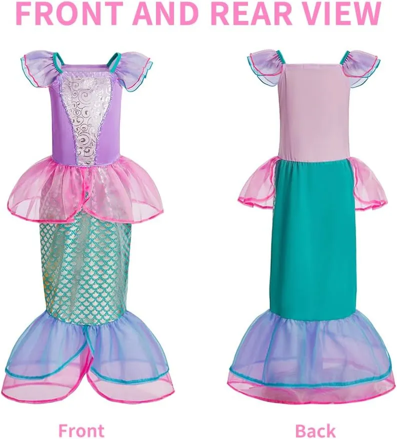 TPMG Little Mermaid Princess Dress up Clothes for Girls 3T-10Y Kids Toddler Birthday Outfits with Tails Bag Necklace Set
