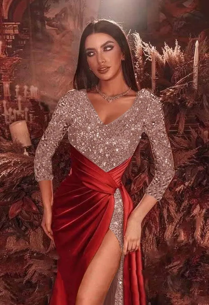 Tsbridal Glitter Sequin Prom Dresses Satin Mermaid Slit Formal Evening Dress Sparkly Long Wedding Guest Gown with Train