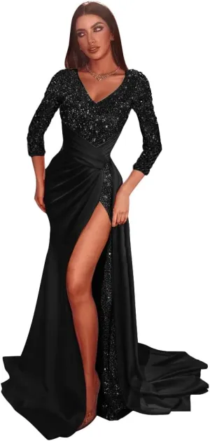 Tsbridal Glitter Sequin Prom Dresses Satin Mermaid Slit Formal Evening Dress Sparkly Long Wedding Guest Gown with Train
