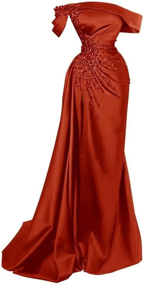 Tsbridal Mermaid Beads Prom Dress for Women with Slit Satin Long Off The Shoulder Formal Evening Party Gown