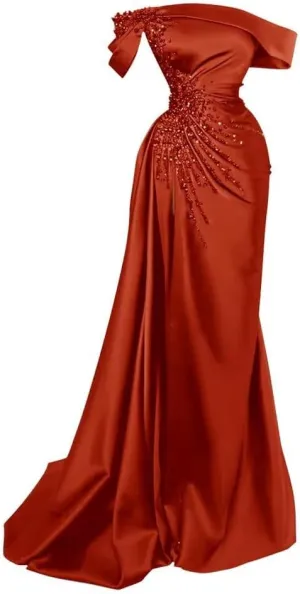 Tsbridal Mermaid Beads Prom Dress for Women with Slit Satin Long Off The Shoulder Formal Evening Party Gown