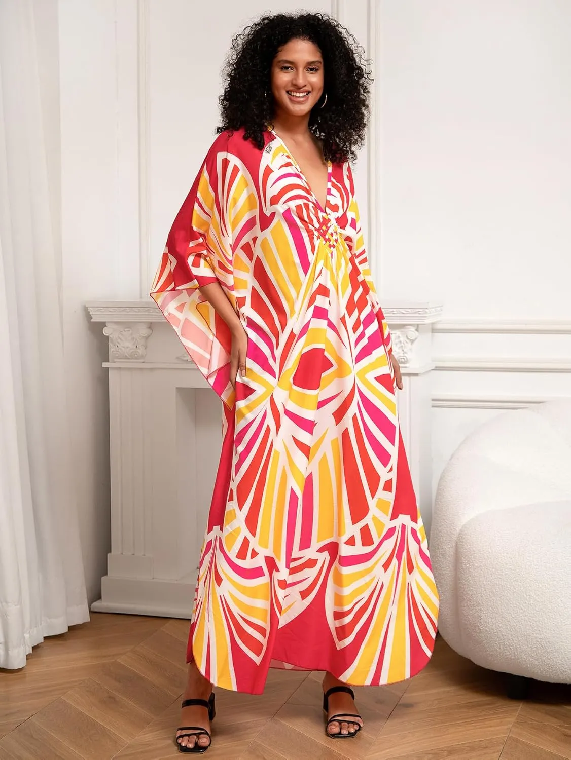Turkish Silk Caftans - Wrinkle Resistant Ethnic & Floral Print Over-Sized Kaftans for Women - Lounge Wear 8693
