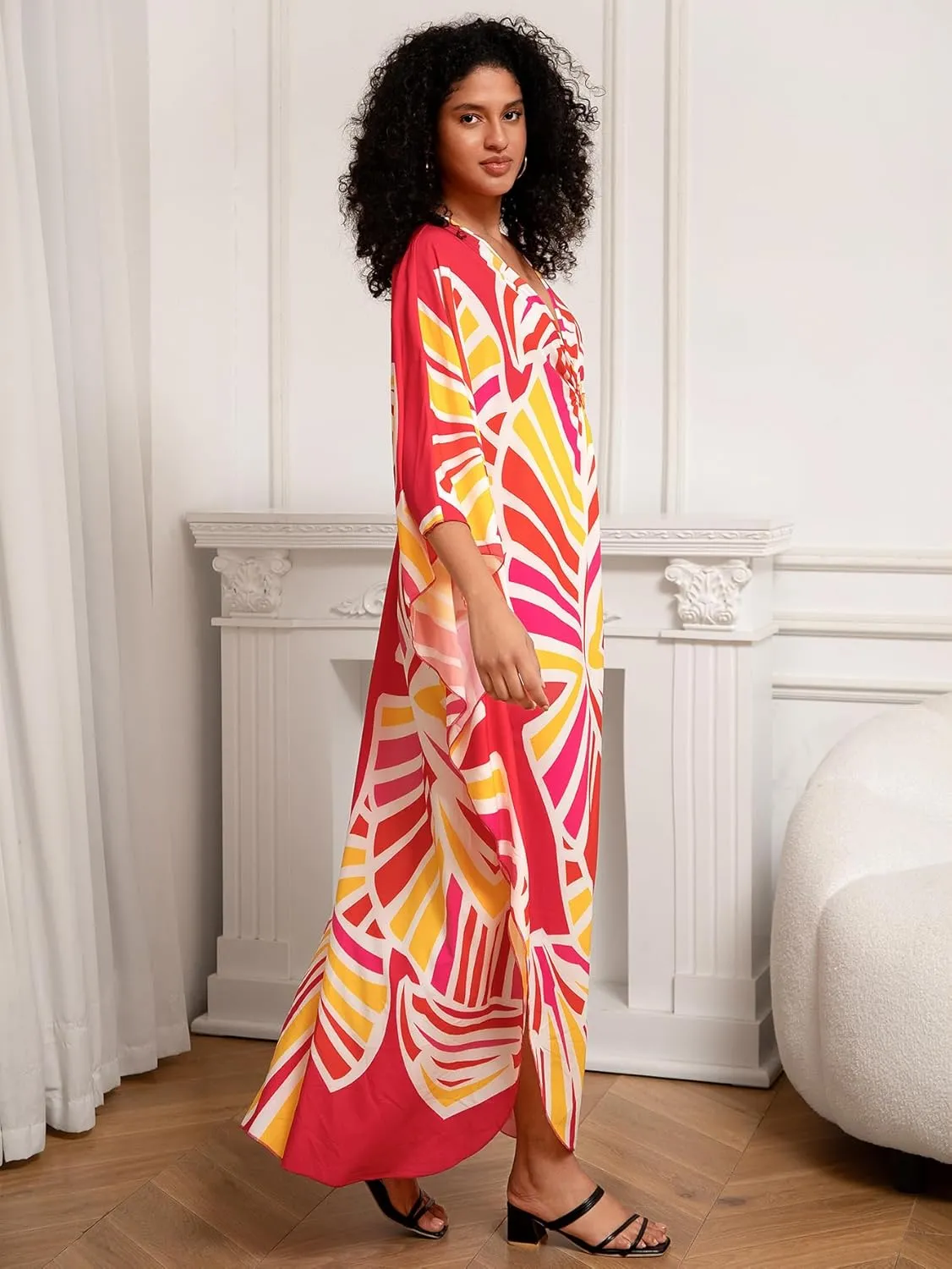 Turkish Silk Caftans - Wrinkle Resistant Ethnic & Floral Print Over-Sized Kaftans for Women - Lounge Wear 8693