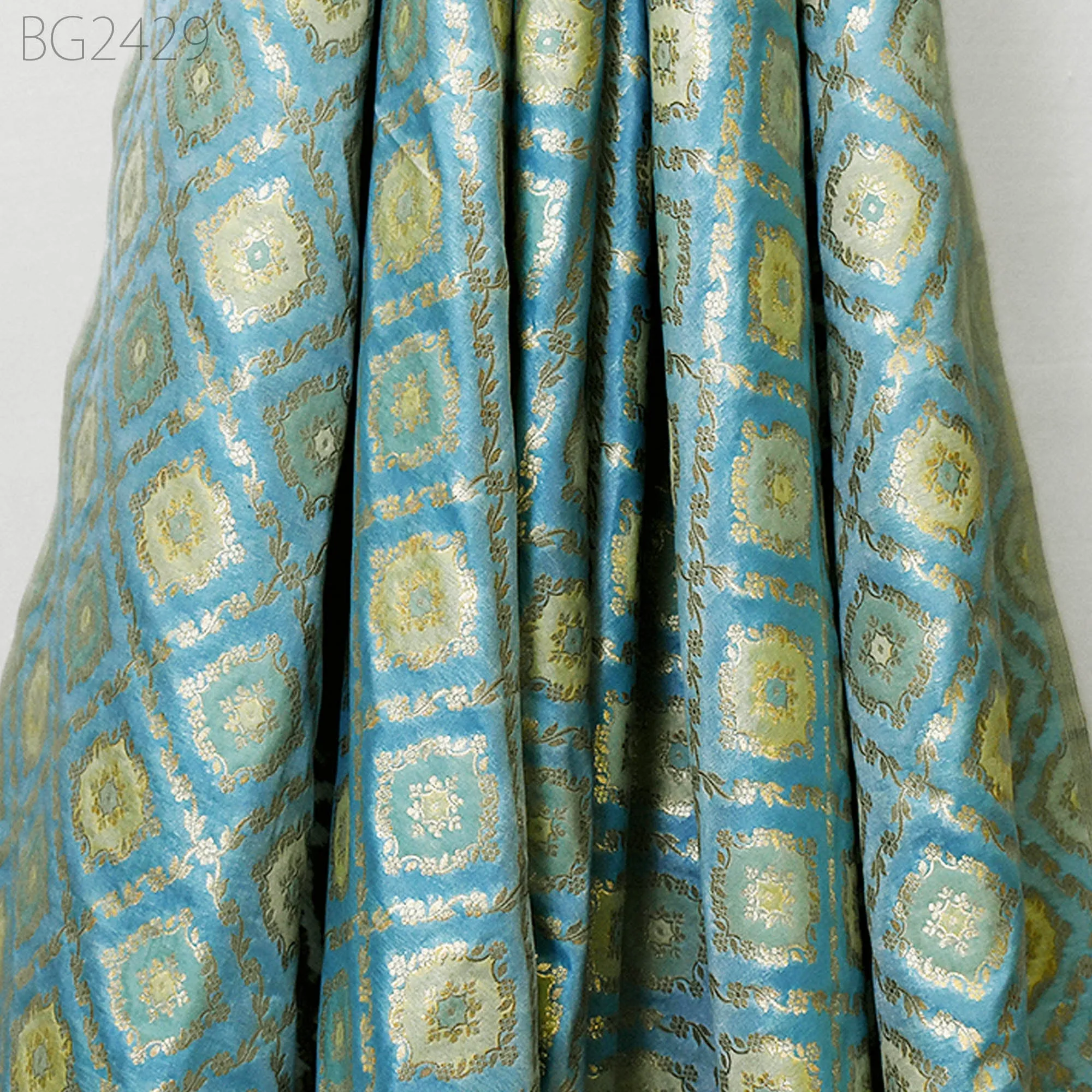 Turquoise Brocade Fabric by the Yard Wedding Dress Jackets Indian Blended Banarasi Dress Material Sewing Cushion Cover Home Décor Crafting