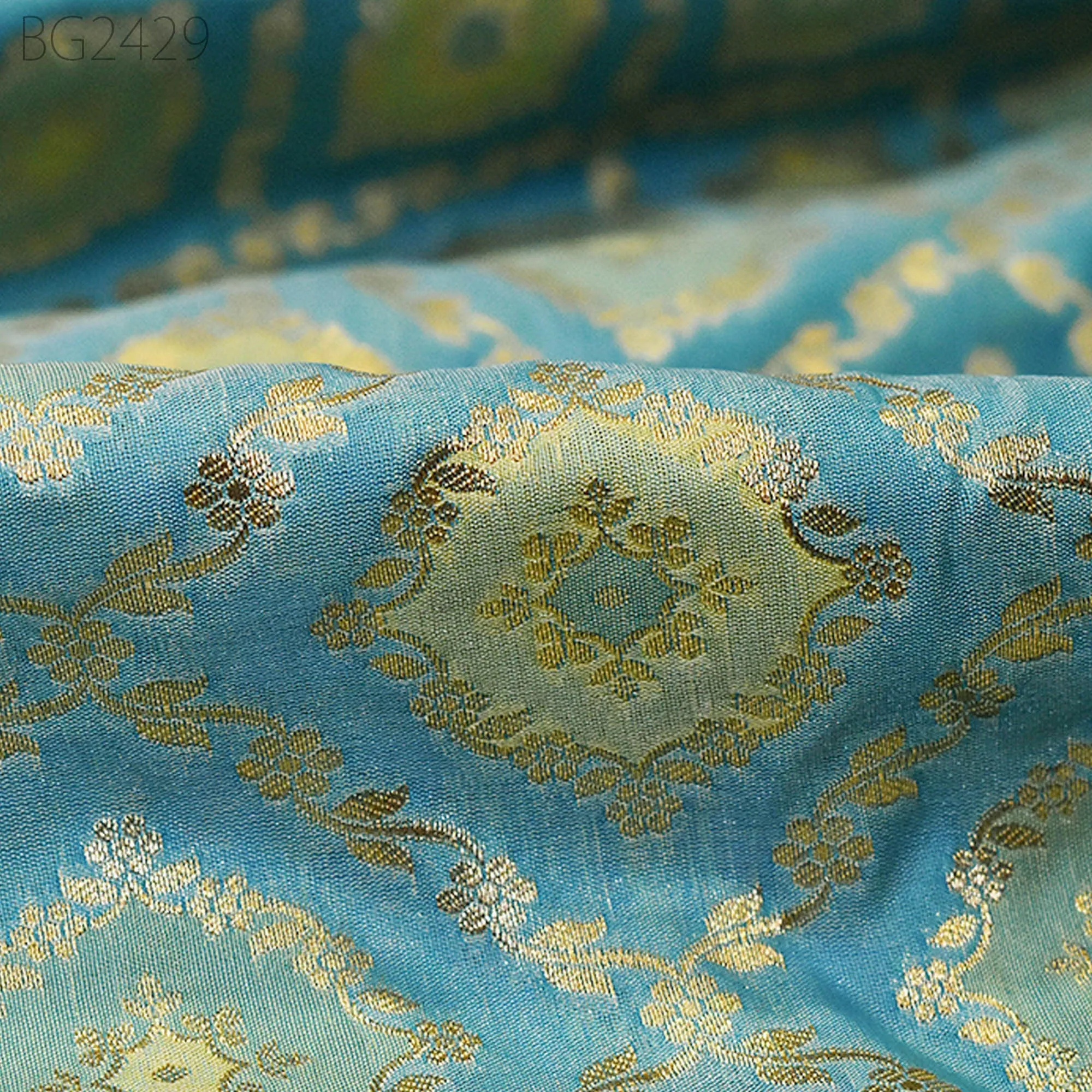 Turquoise Brocade Fabric by the Yard Wedding Dress Jackets Indian Blended Banarasi Dress Material Sewing Cushion Cover Home Décor Crafting
