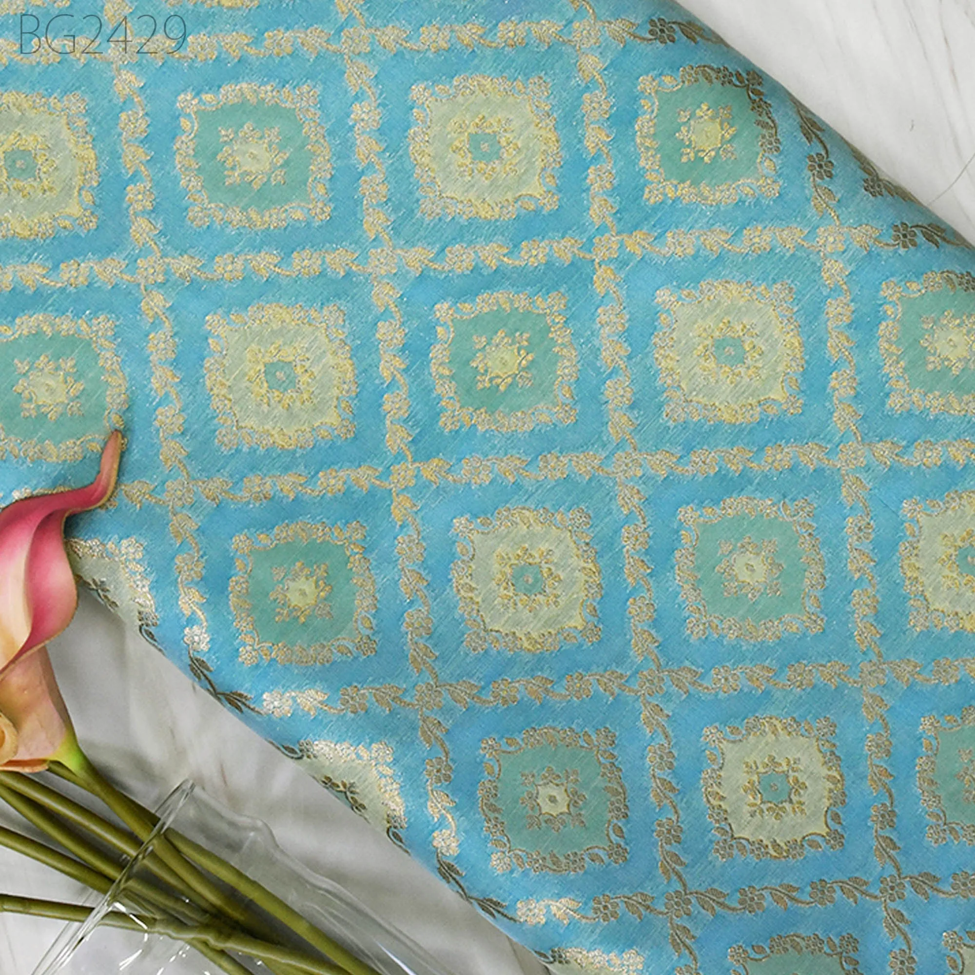 Turquoise Brocade Fabric by the Yard Wedding Dress Jackets Indian Blended Banarasi Dress Material Sewing Cushion Cover Home Décor Crafting