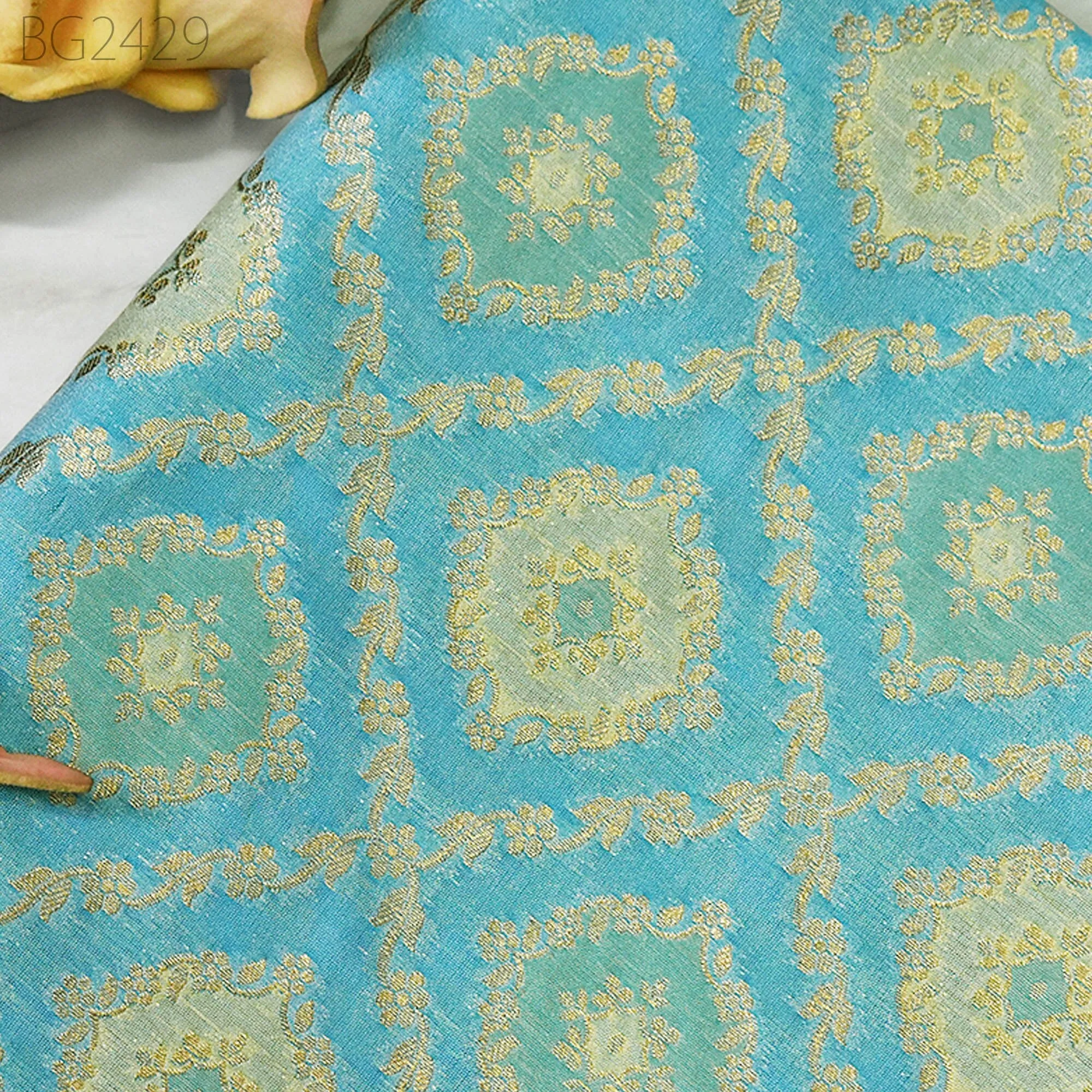 Turquoise Brocade Fabric by the Yard Wedding Dress Jackets Indian Blended Banarasi Dress Material Sewing Cushion Cover Home Décor Crafting