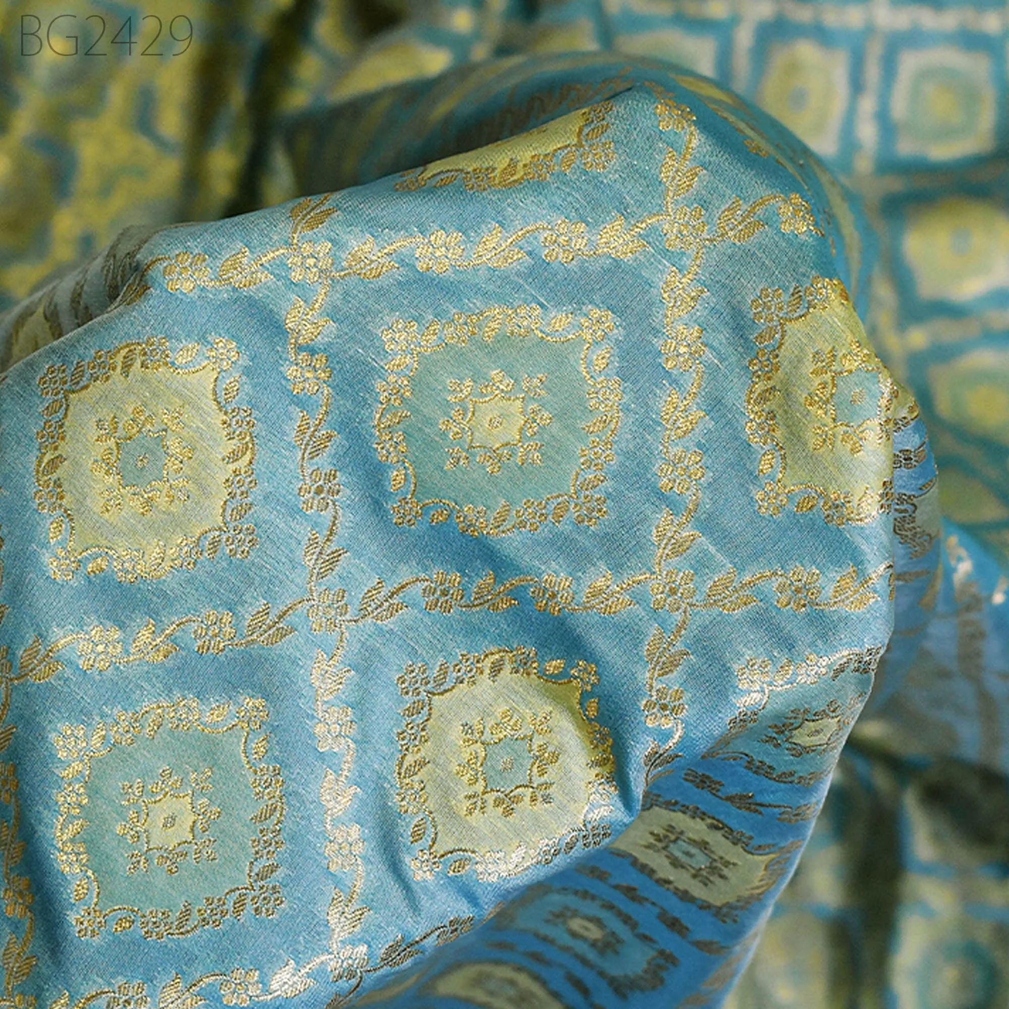Turquoise Brocade Fabric by the Yard Wedding Dress Jackets Indian Blended Banarasi Dress Material Sewing Cushion Cover Home Décor Crafting