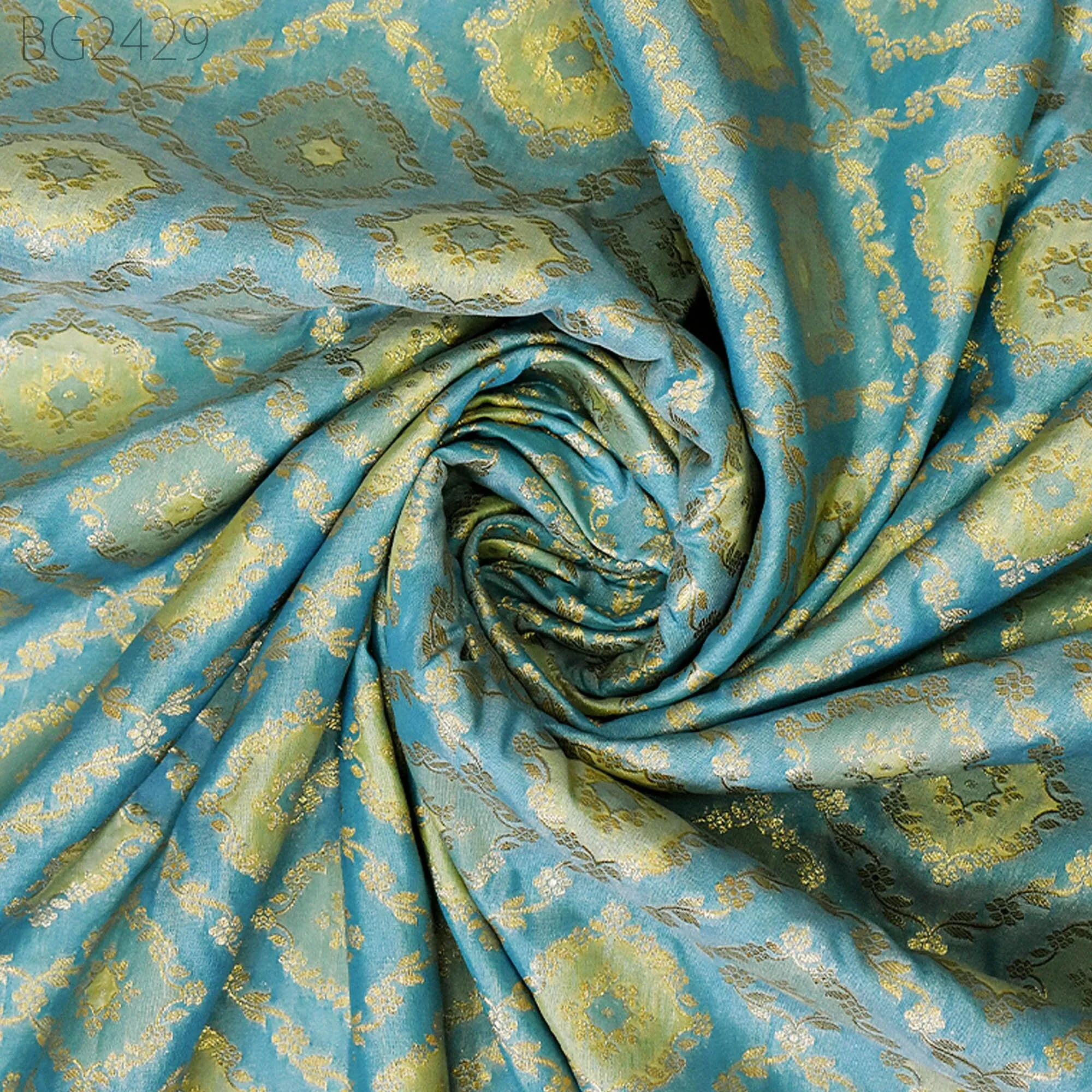 Turquoise Brocade Fabric by the Yard Wedding Dress Jackets Indian Blended Banarasi Dress Material Sewing Cushion Cover Home Décor Crafting