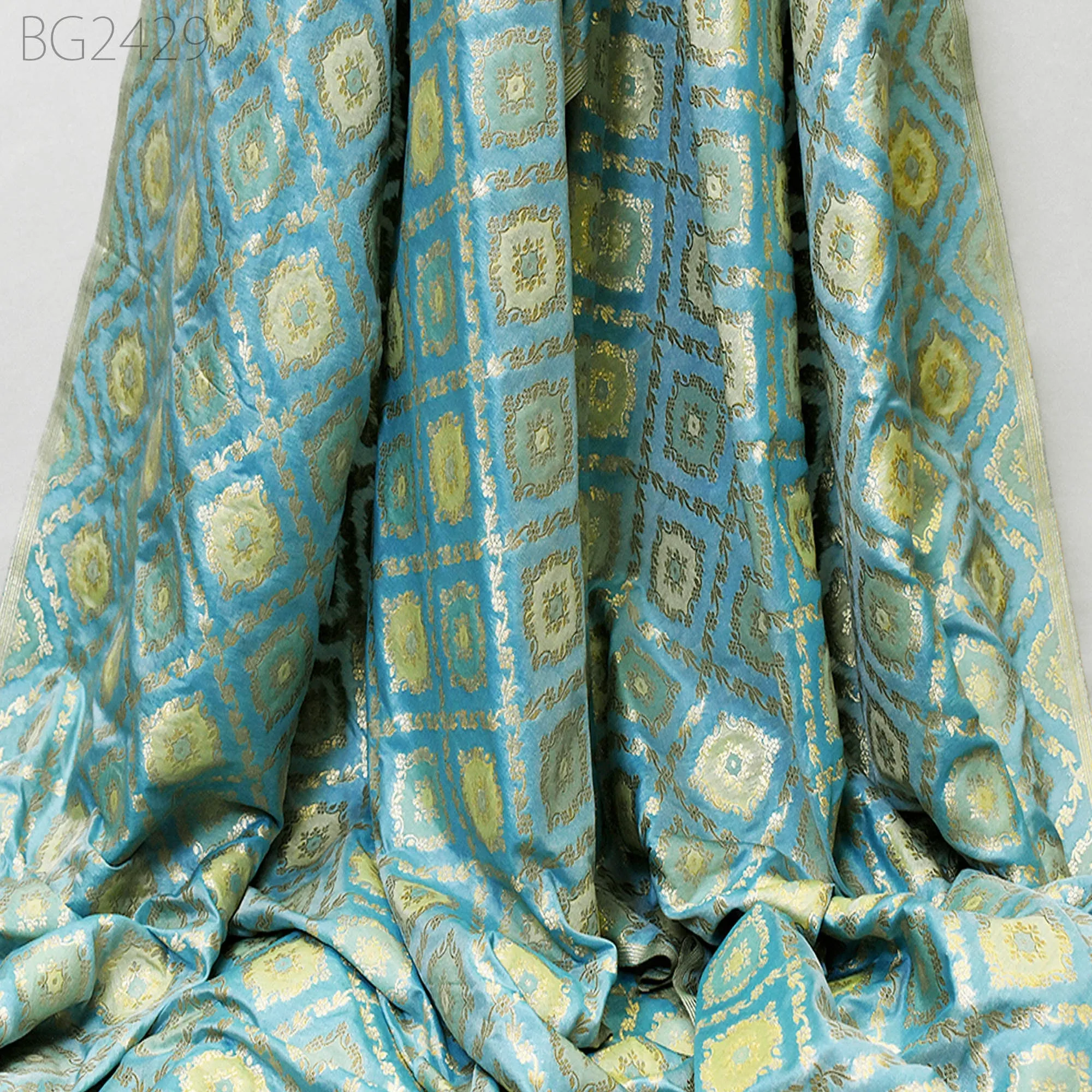 Turquoise Brocade Fabric by the Yard Wedding Dress Jackets Indian Blended Banarasi Dress Material Sewing Cushion Cover Home Décor Crafting