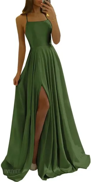 Tvuyet Satin Prom Dresses Long with Pockets Spaghetti Straps A Line Bridesmaid Dresses with Side Slit Ball Gown