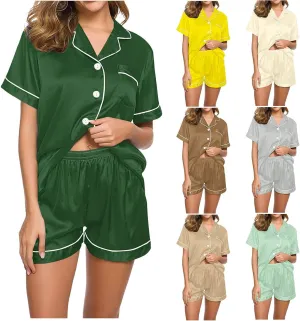Two Piece Pajama Sets For Women Short Sleeve Loungewear Shorts Set Button Down Solid Color Sleepwear Trendy Clothes