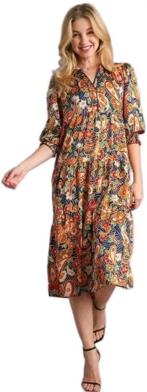 Umgee - Satin Paisley Tiered Midi Dress with Collar – Elegant Silk-Like Cocktail Dress for Women, Formal Wedding Guest/Party