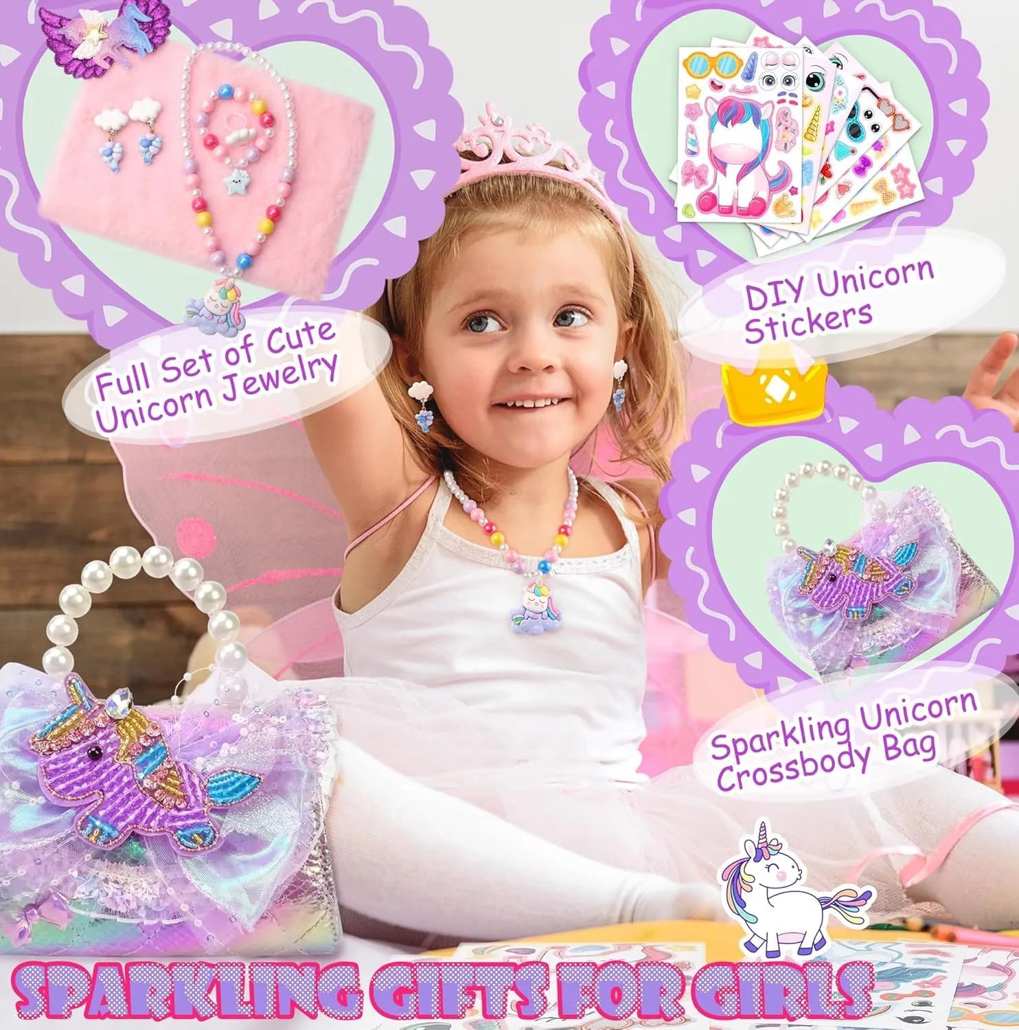 Unicorn Mermaid Purse for Little Girls,Toddler Handbag with Kids Dress up Jewelry Set,Gifts for Birthday Xmas
