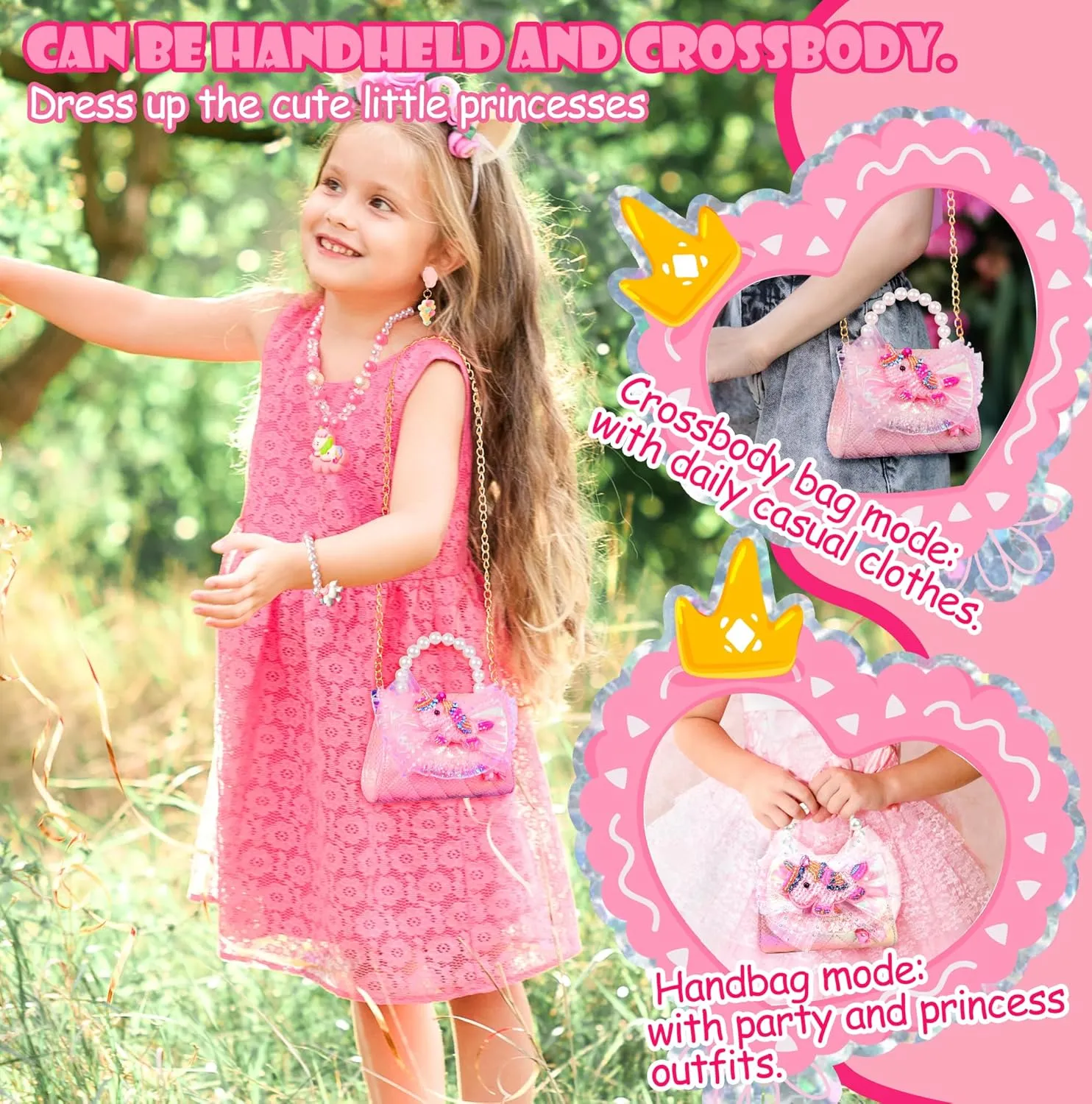 Unicorn Mermaid Purse for Little Girls,Toddler Handbag with Kids Dress up Jewelry Set,Gifts for Birthday Xmas