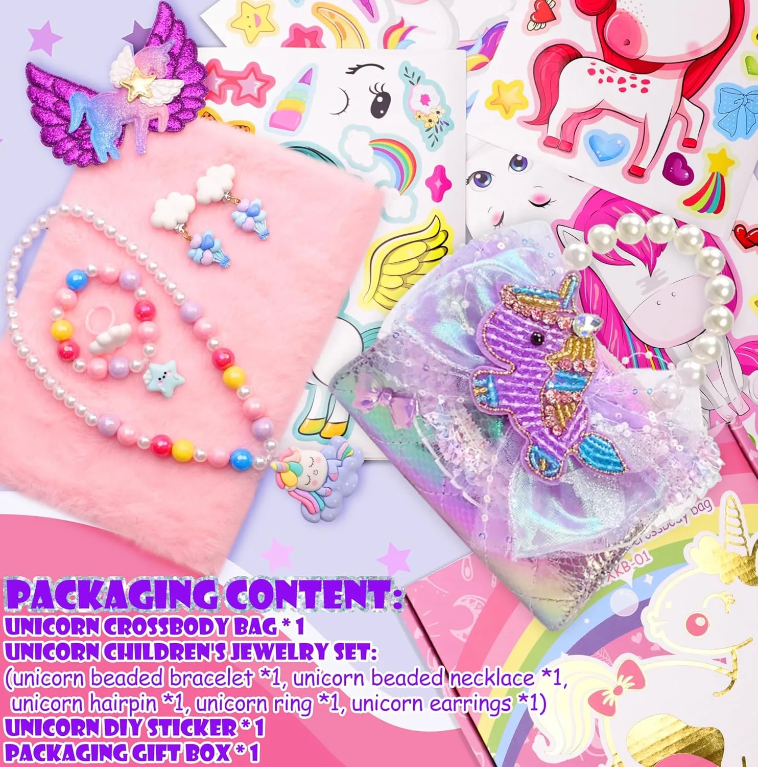 Unicorn Mermaid Purse for Little Girls,Toddler Handbag with Kids Dress up Jewelry Set,Gifts for Birthday Xmas
