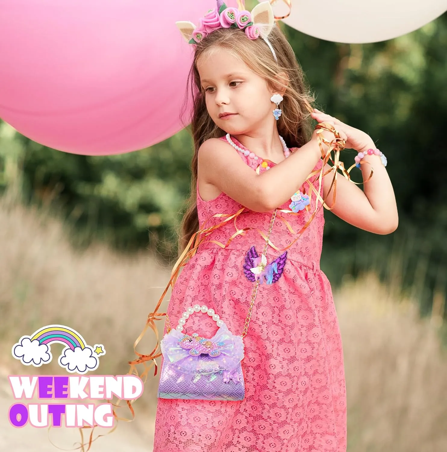 Unicorn Mermaid Purse for Little Girls,Toddler Handbag with Kids Dress up Jewelry Set,Gifts for Birthday Xmas