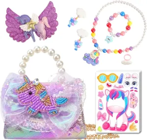 Unicorn Mermaid Purse for Little Girls,Toddler Handbag with Kids Dress up Jewelry Set,Gifts for Birthday Xmas