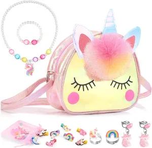 Unicorn Purse Set for Girls 3-10 Year Olds | 18-Piece Dress Up Play Set with Crossbody Bag, Jewelry & Hair Accessories | Perfect Birthday Gifts, Party Favors & Toddler Dress Up Toys for Girls