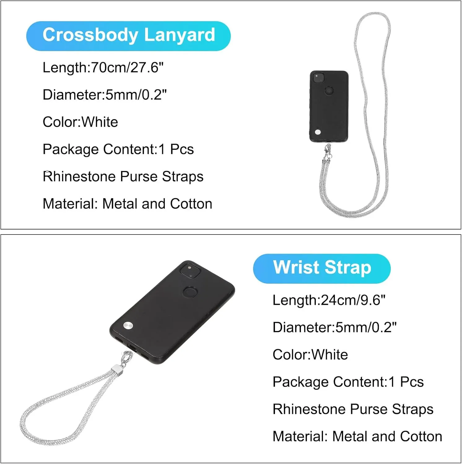 uxcell Phone Crossbody Lanyard, 2 Size Crystal Phone Lanyard Bling Shoulder Strap Phone Bag Handbag Strap Universal Cell Phone Chain for Phone Handbag Wallet (White, 27.6" / 9.6")